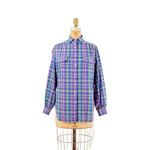 Vintage 80s Purple Plaid Button Down Shirt Prairie Cottagecore Western Top S M